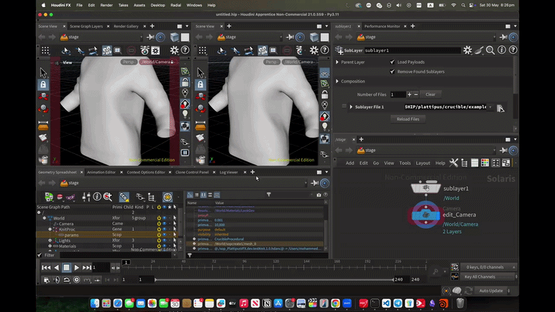 A CrucibleProcedural prim cooking a Houdini HDA live in the Karma viewport